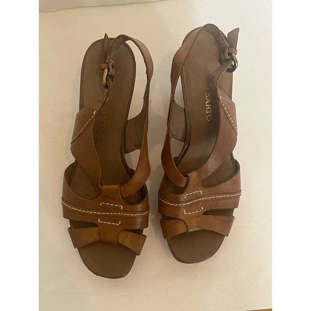 Franco Sarto Cadmus Size 9M Brown Sling Back Wedge Cork Heel Shoes Sandals